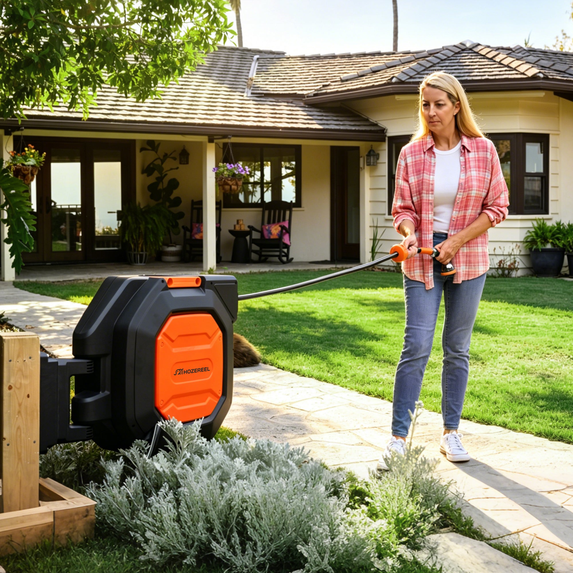 Retractable Garden Hose Reel Wall Mounted withn180° Swivel Bracket (Black Orange)