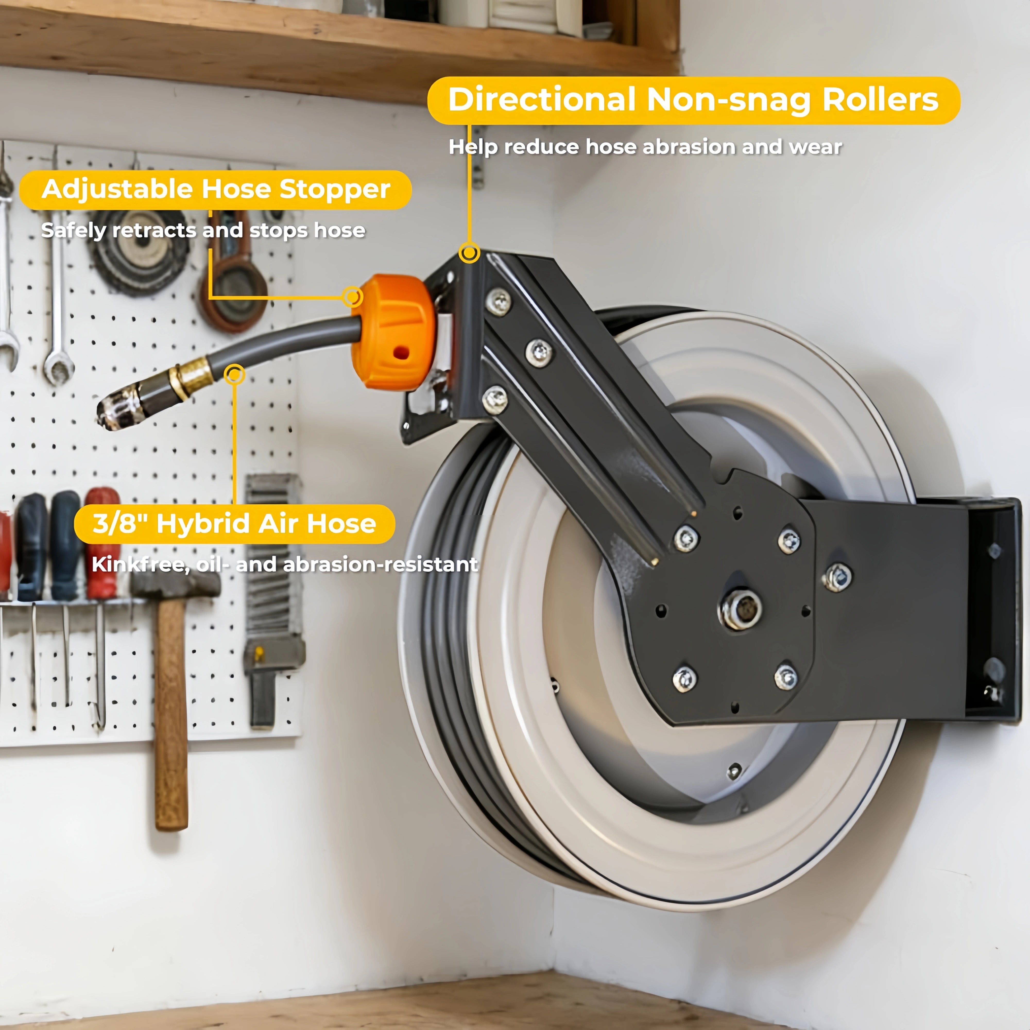 Retractable Air Hose Reel,3/8" x 70 ft Hybrid Hose Max 300PSI