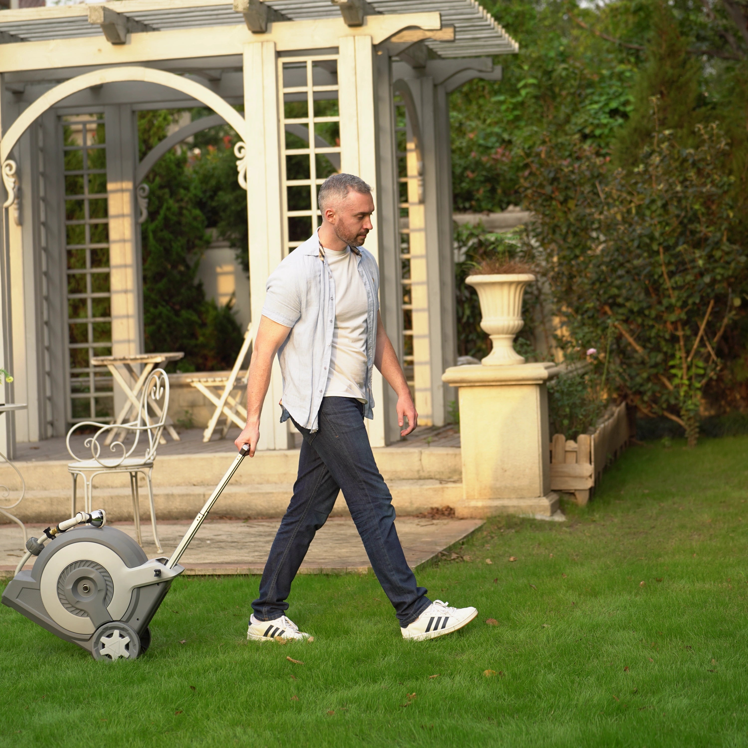 Rangers Portable Trolley Cart Retractable Hose Reel by HOZEREEL, All-in-1 Garden Hose Reel w/Storage, Self-Propelling, 10-Pattern Nozzle, 100FT Hose